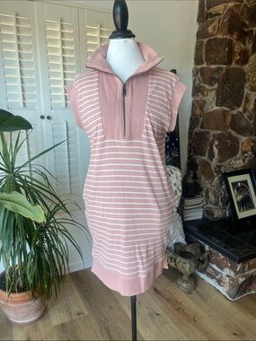 Striped Zip Mock Neck Mini Dress in Blush Pink With Pockets